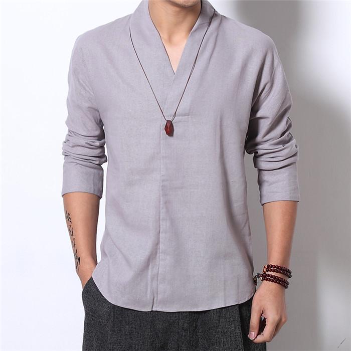 

Cotton And Linen Men S T -Shirt Autumn Fashion V -Neck Retro Chinese Style Long Sleeve Shirt Loose Asia M серый