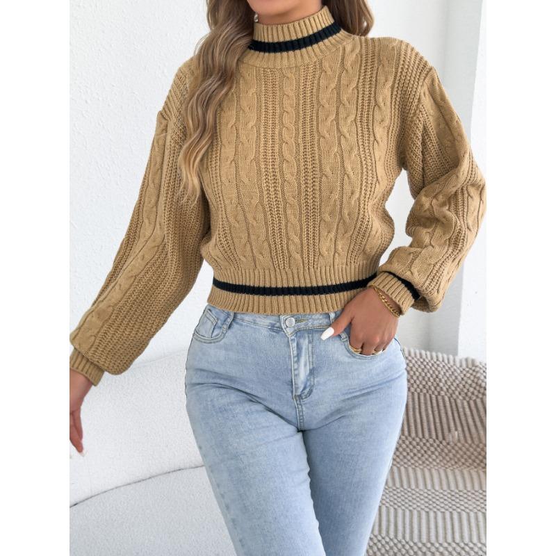 Women S Casual Color Block Half High Neck Waist Tightened Lantern Sleeve Sweater