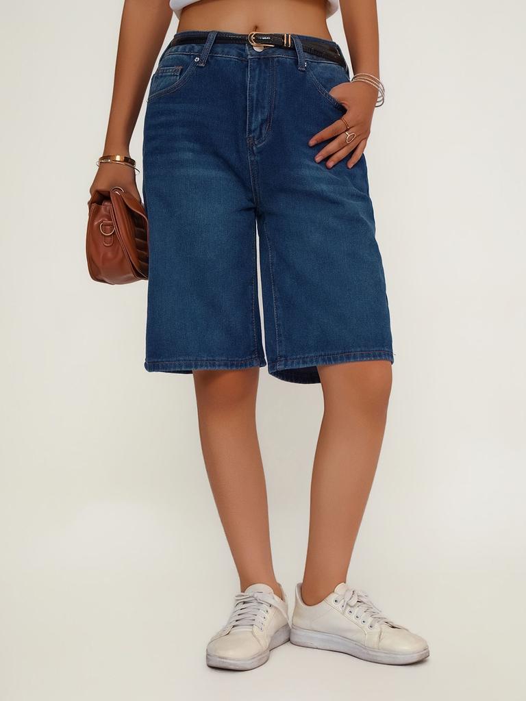 Puffanpop Women's High Waisted Non-Stretch Denim Bermuda Shorts - Dark Wash Wide Leg Loose Fit Casual Summer Shorts