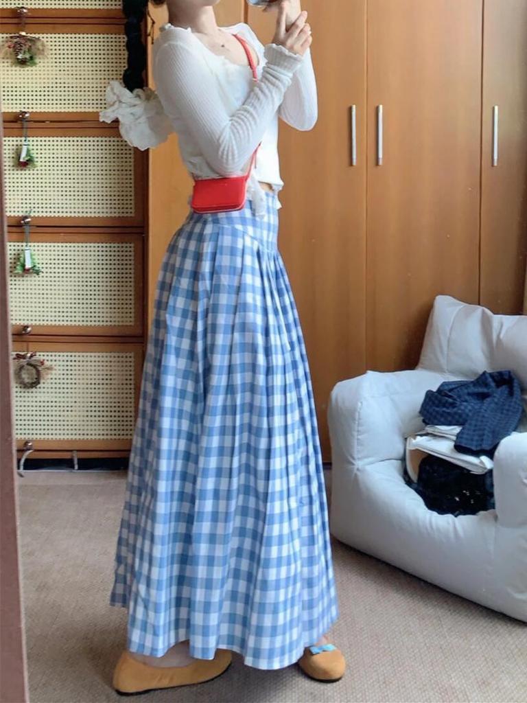 Plus Size American Plaid A-line Pleated Midi Skirt for Women - Autumn College Style