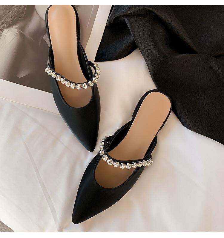 Spot, one word with rhinestone bag head sandals women's 2025 summer new product pointed fashion outer wear women's flat shoes