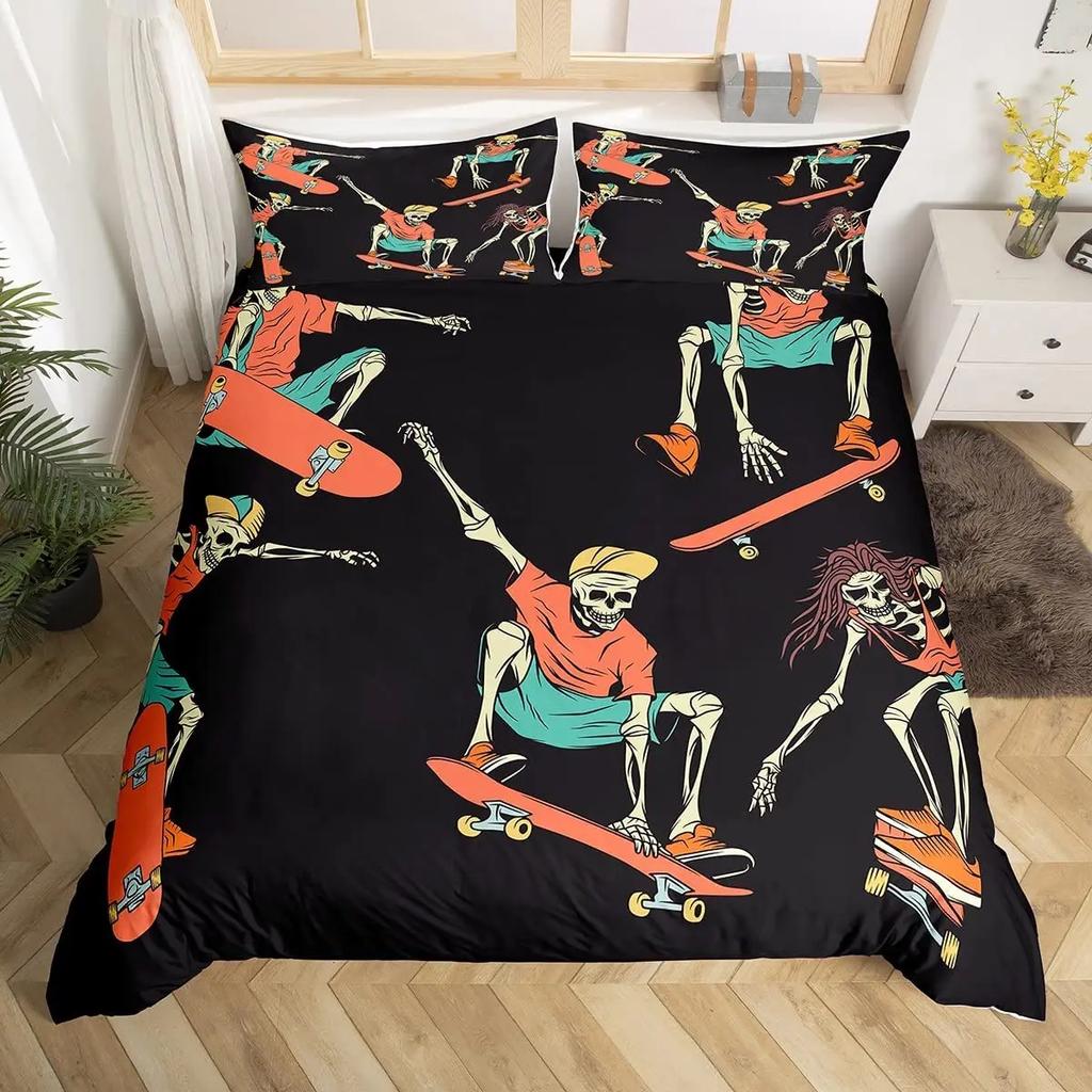 Red Rose Skull Bedding Duvet Cover Set 3D Floral Skull Printed Duvet Cover with Zipper,Soft Microfiber Gothic Decor Bedding Set