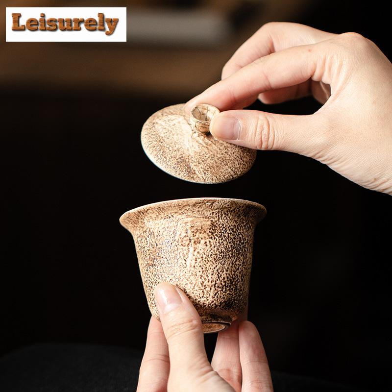 70ml Handamde Coarse Pottery Gaiwan Retro Old Rock Mud Small Two Talent Tea Tureen Tea Maker Cover Bowl Kung Fu Tea Items Craft