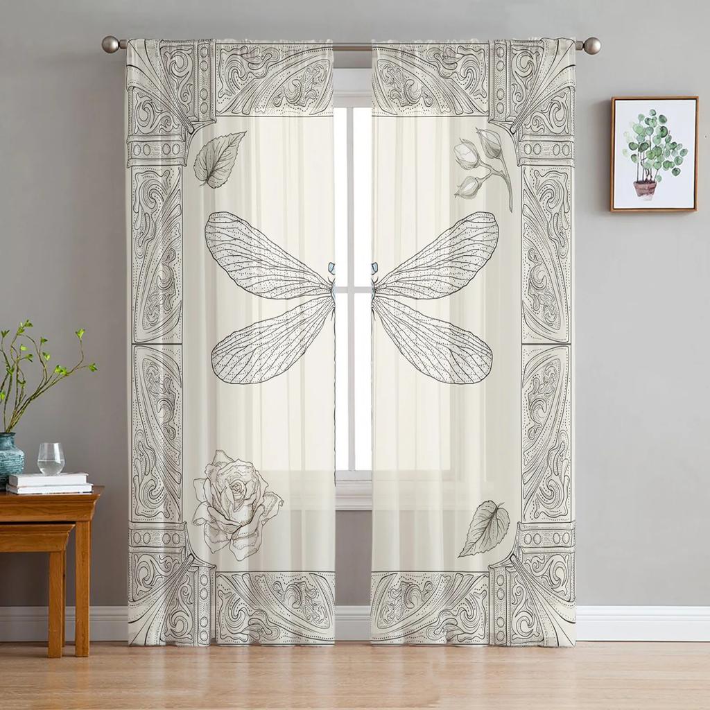Artistic Beige Baroque Retro Flowers Voile Curtains Window Treatment Chiffon Tulle Curtain Kitchen Living Room Bedroom Light Filtering For Great