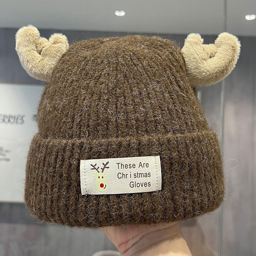 Sweet and cute antler patch letter knitted wool hat women's autumn and winter double-layer thickened cold-proof and warm bald hat