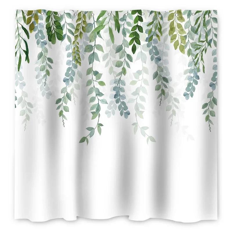 Green Eucalyptus Leaves Shower Curtains Watercolor Floral Waterproof Morden Bathroom Bathtub Curtain Room Decor With Hooks