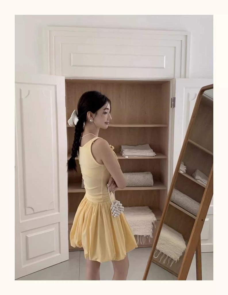 Women's Yellow Bow Tie Strap A-Line Dress - Sweet Summer Floral Puff Skirt