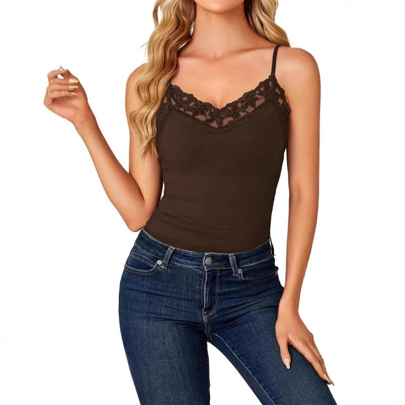 Canottiere Estive da Donna in Pizzo Scollo a V Eleganti con Spallino Sottile Blusa Vestibilità Aderente Monocolore Semplice Dolce Casual Senza Schiena Moda Camicie Eleganti