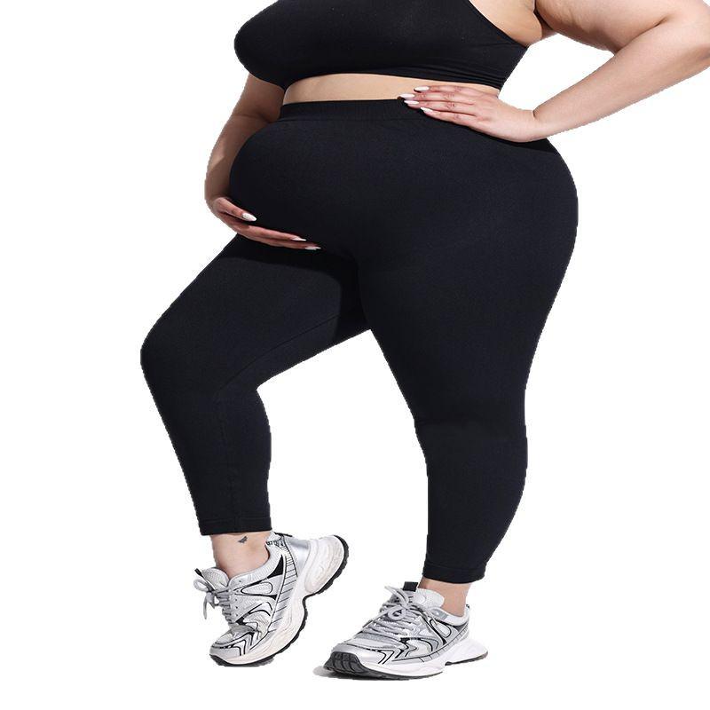 Plus Size High Waist Seamless Maternity Yoga Leggings - Black Slimming Sport Pants for Pregnant Women
