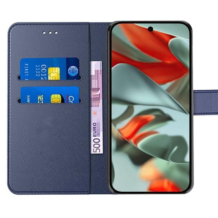 Coque + 2 Verres Trempés pour Google Pixel 9 Pro XL, Anti-Rayures Porte-Carte Synthécuir Souple - Bleu Marine