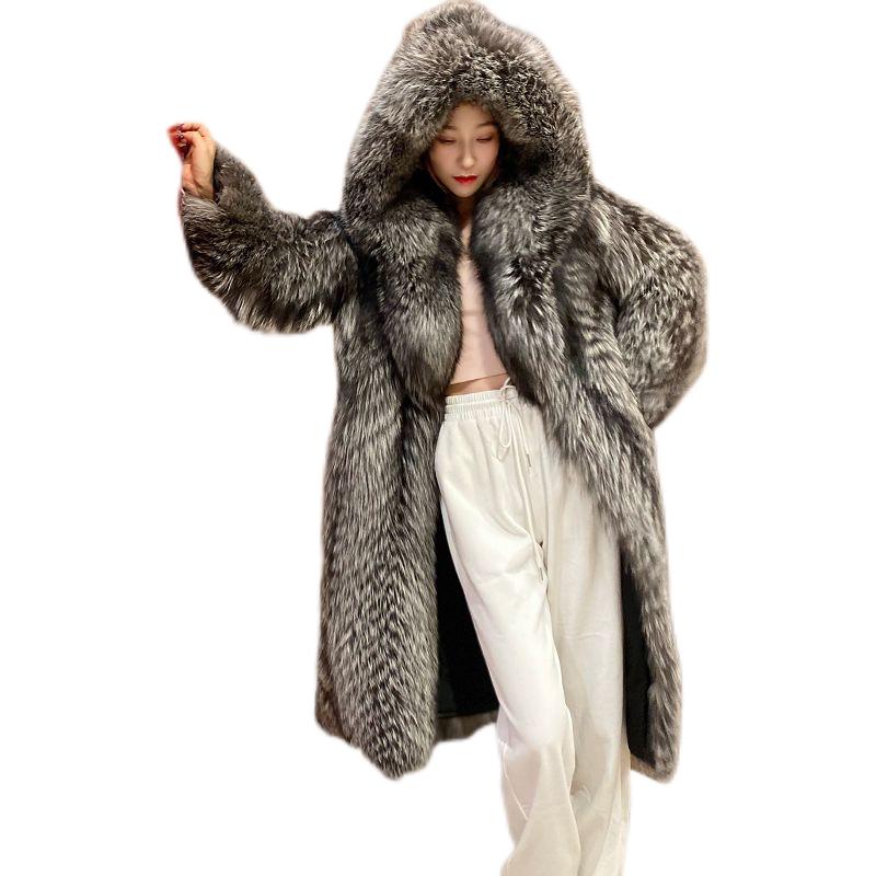 Women's Fur Coat Imitation Fox Fur Windbreaker Hood Long Jacket Young Winter Warm Casual