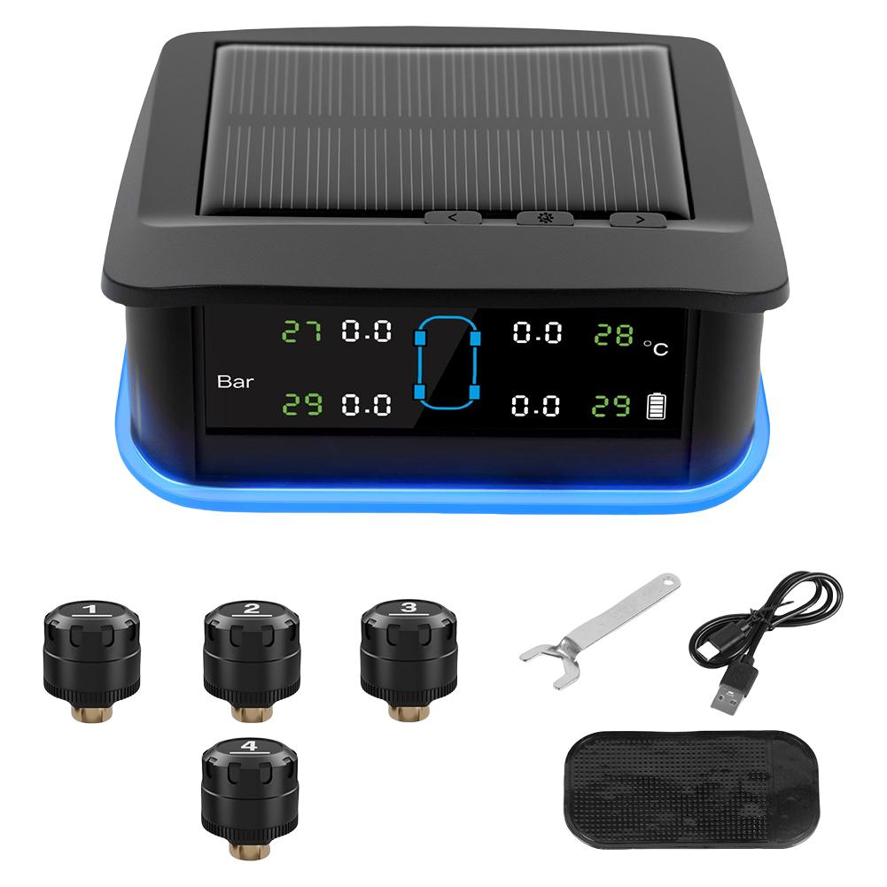 Tire Pressure Monitoring System with 4 Sensors USB/Solar TPMS Tyre Temperature Monitor for Car SUV Sedan