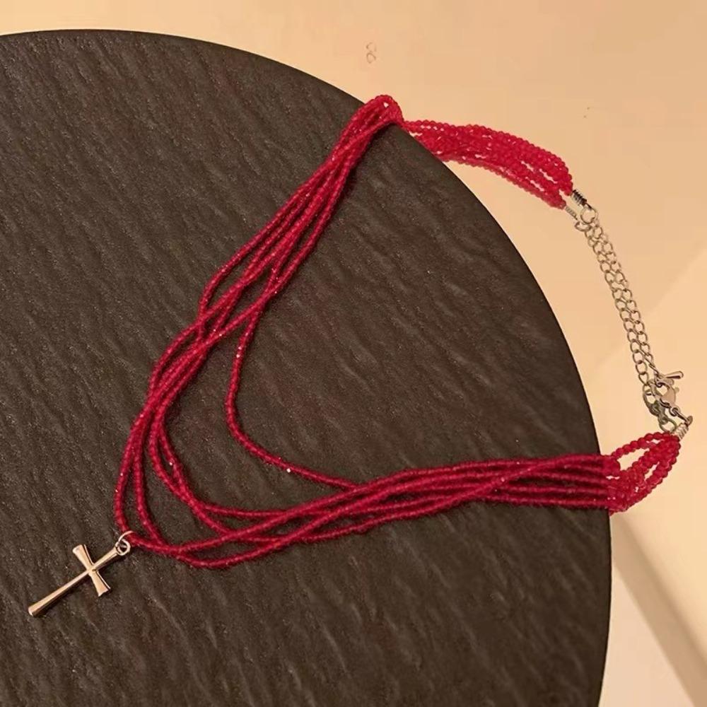 Y2k Subculture Sliver Color Cross Pendant Multi-layer Fold Wear Red Crystal Beaded Necklace for Women Men Collar Chain Jewelry