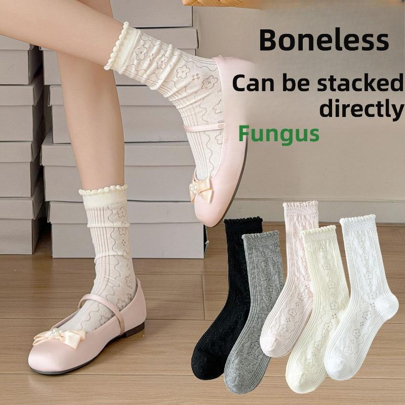 Spring/Summer Lightweight Children's Lace-Free Breathable Ear-Notched Padded Stockings with Bubble Edges and Lace Mid-Calf Length Socks