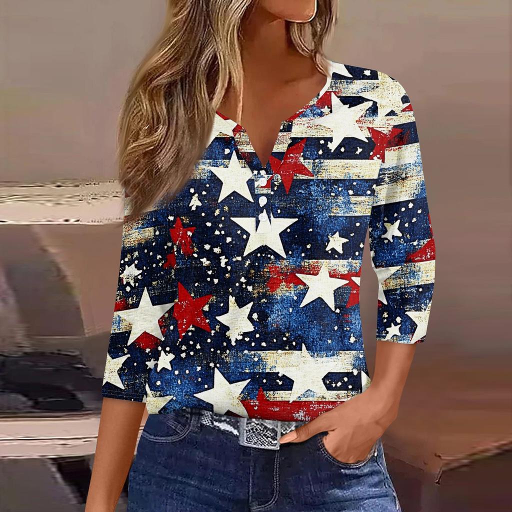 Damen T-Shirt mit Aufdruck, Knopfleiste, 3/4-Ärmel, modisch für den Alltag und das Wochenende, Basic, V-Ausschnitt, normales Oberteil