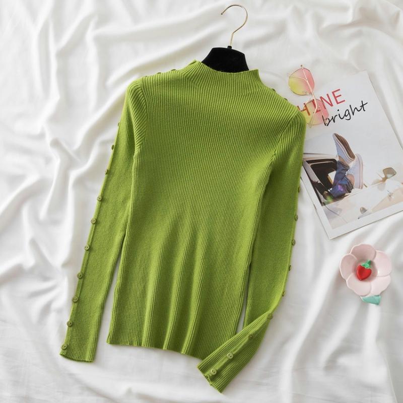 Autumn Winter Casual Slim Warm Base Women's Knitted Sweaters Half High Collar Buttons Pullovers Sweater Woman Fashion Thin Long Sleeve Jumper 25481
