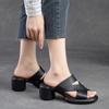 Johnature Hollow Out Breathable High Heel Slippers Genuine Leather Peep Toe Casual Slides Versatile Women Shoes