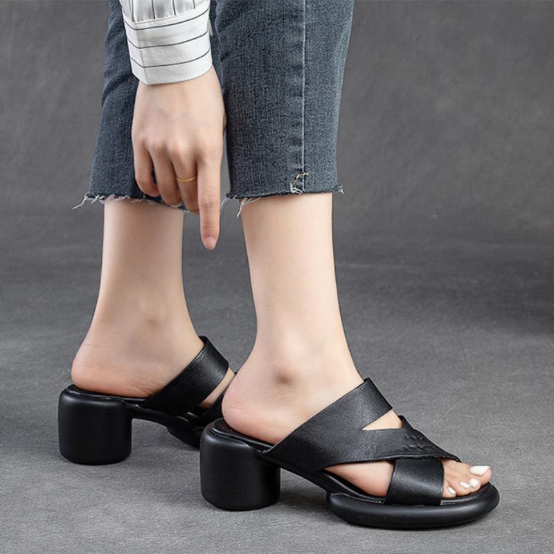 Johnature Hollow Out Breathable High Heel Slippers Genuine Leather Peep Toe Casual Slides Versatile Women Shoes