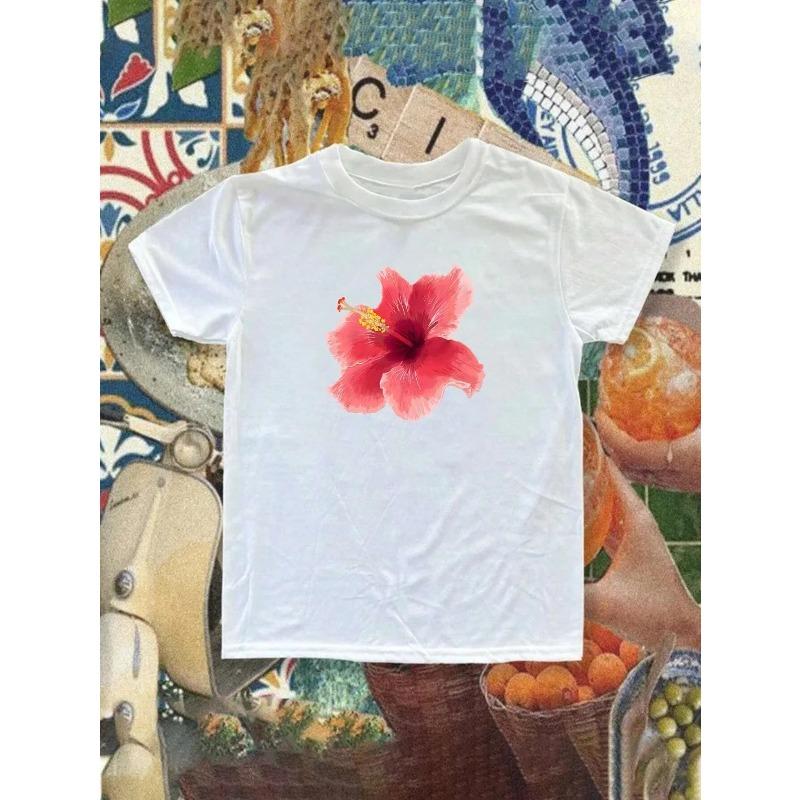 Flower Printed Tshirt Polynesian Hibiscus Tshirt Fashionable Womens Tshirt Harajuku Street Clothing Y2k Top Graphic S