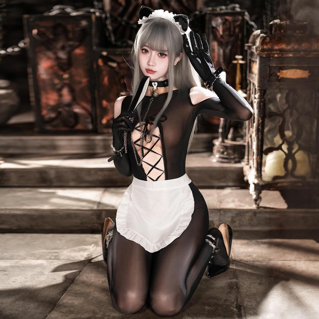 Baioretto Sexy Maid Costume with Shiny Full Body Open Perfect for or As a Girlfriend or Lover Women's Cross-Tie Up, Tights, Chest, See-Through, Sheer,