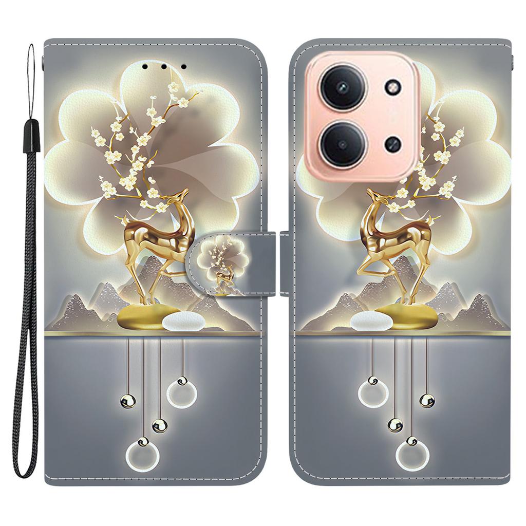 Pro Xiaomi Redmi 15C 5G (EU) (173 mm)/15C 4G (EU) (173 mm) Pouzdro Vzorový Potisk Kožená Peněženka Kryt na Telefon s Šňůrkou