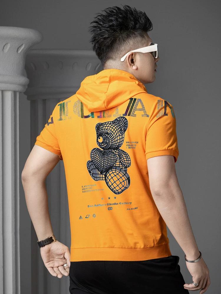 European Station 2025 Summer New Bear Print Hooded Short-Sleeve Sweatshirt Men's Half-Sleeve T-Shirt Trendy Brand Top for Men