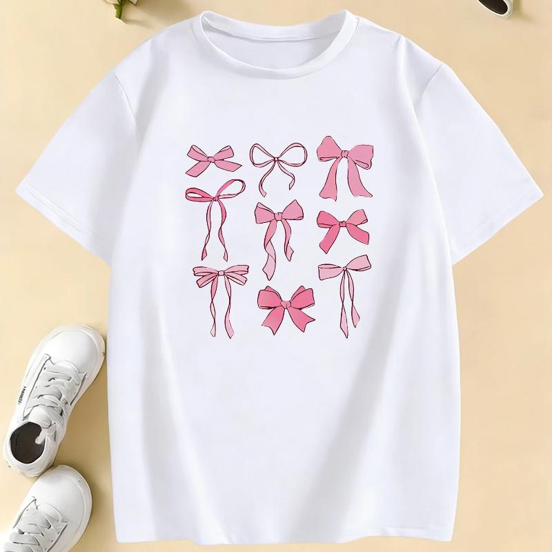 

Graphic Pink Color Bow Printed T Shirts Kids Children s T-shirt Boys Girls Summer Spring Casual Top Tee 150 белый