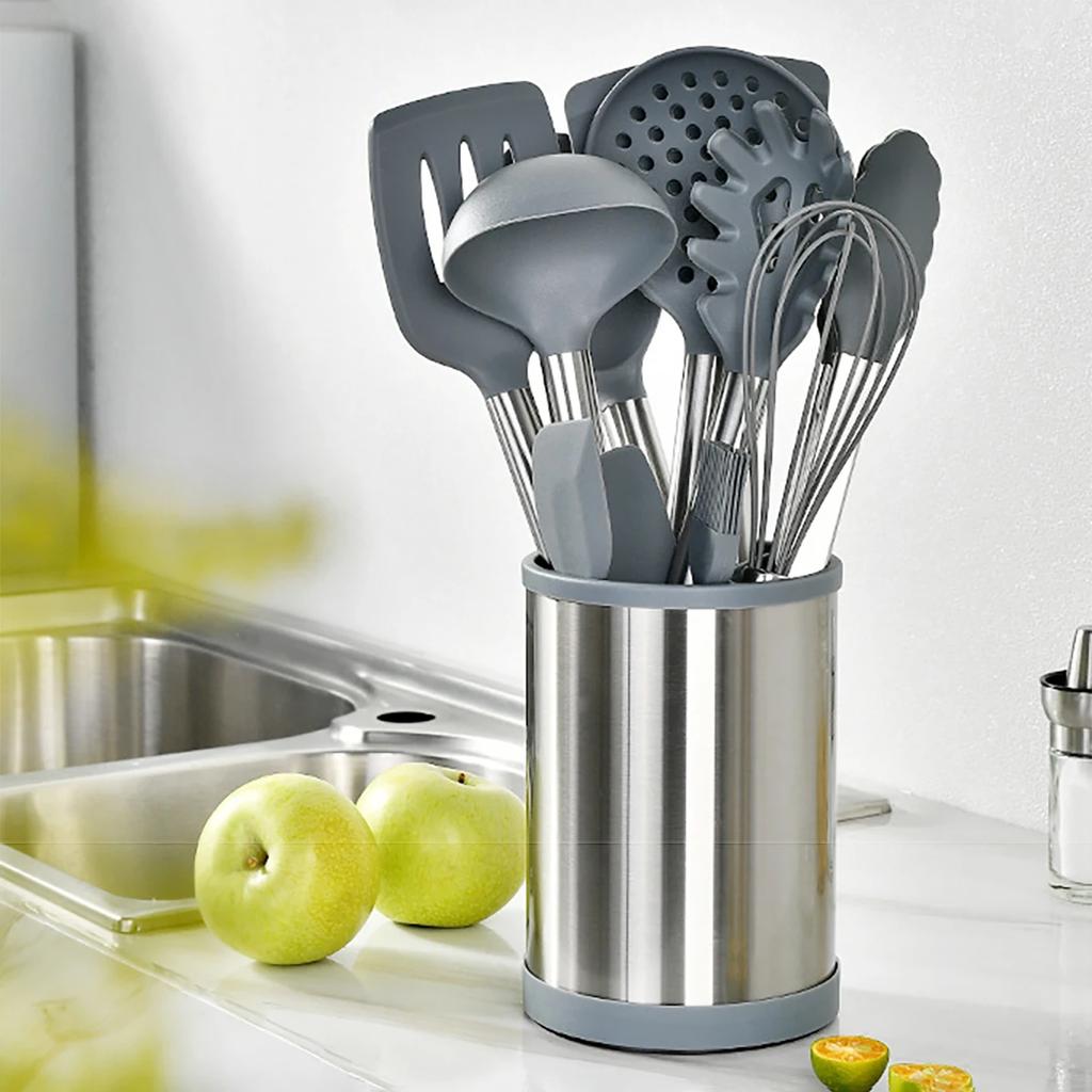 12Pcs Silicone Kitchenware Set Non Stick Stainless Steel Spatula Soup Spoon Kitchen Utensils Rotating Storage Bucket Eggbeater