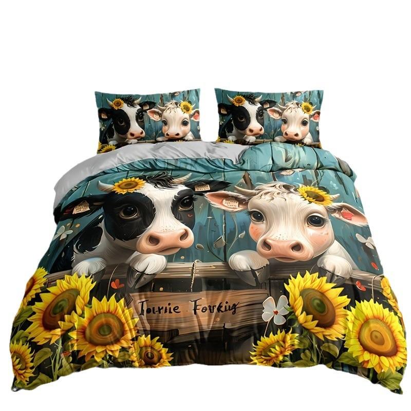 Farm Cow Duvet Cover Three-Piece Sunflower Quilt Cover Cute Cow Bedding Set