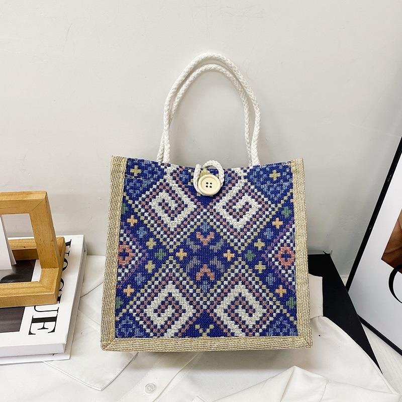 

Холщовая сумка в этническом стиле для женщин, летняя модная льняная сумка для ланча Bento Bag, сумка для переноски мамочек синий