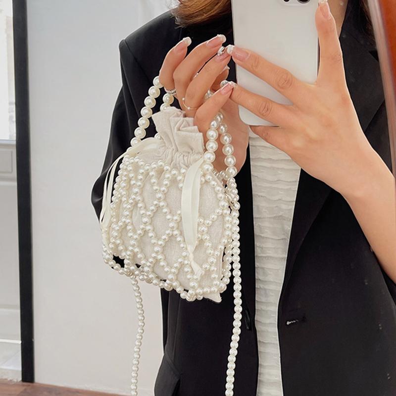 Vintage Top Handle Pearl Women Handbag Summer Hollow Out Beach Bucket Girl Shoulder Crossbody Bag