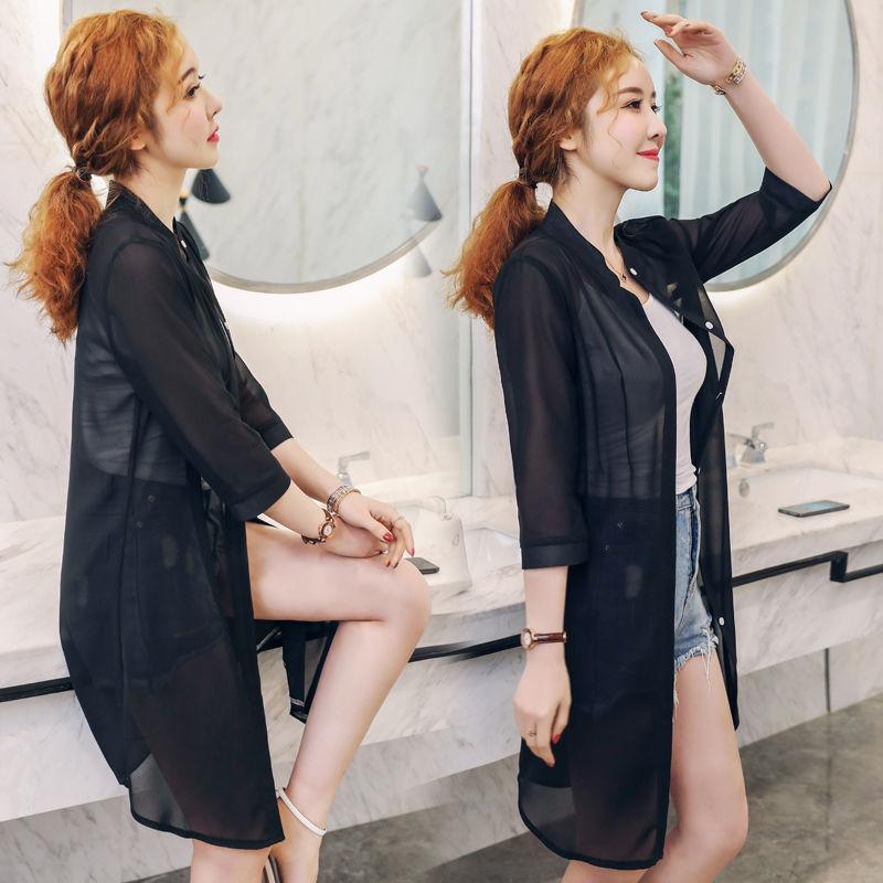 Sun Protection Clothing Women's Mid-length Beach Summer Chiffon Cardigan Shawl Air-conditioning Shirt Thin Coat