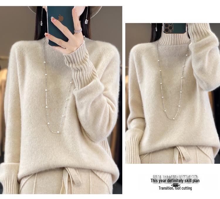 Women's High Neck 100% Wool Sweater - Loose Knit, Thick, Versatile, Cozy Base Layer for Autumn & Winter