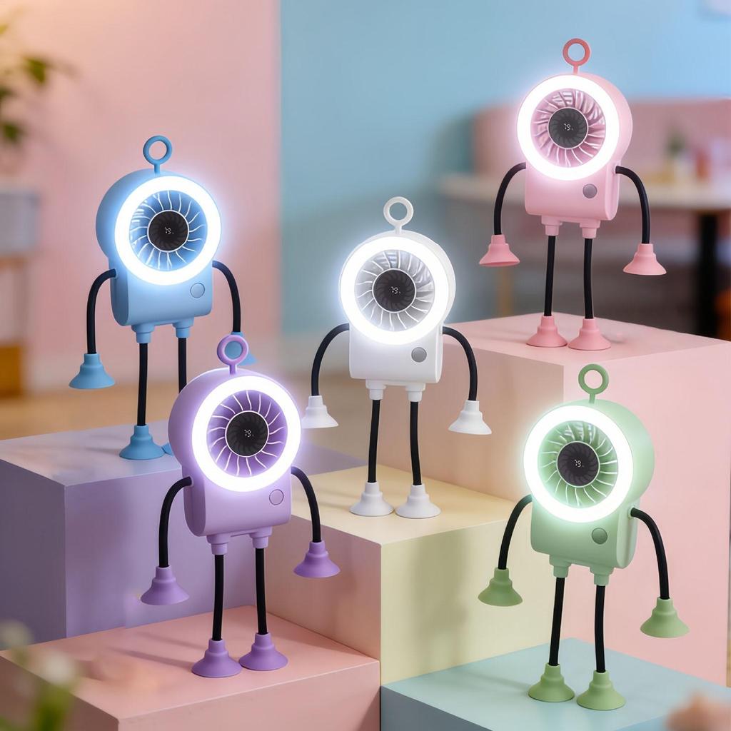 Desk Fan Robot Shape Personal Rechargeable Air Cooler With LED Light Portable Fan With Suction Cups For Home Kitchen Bedroom