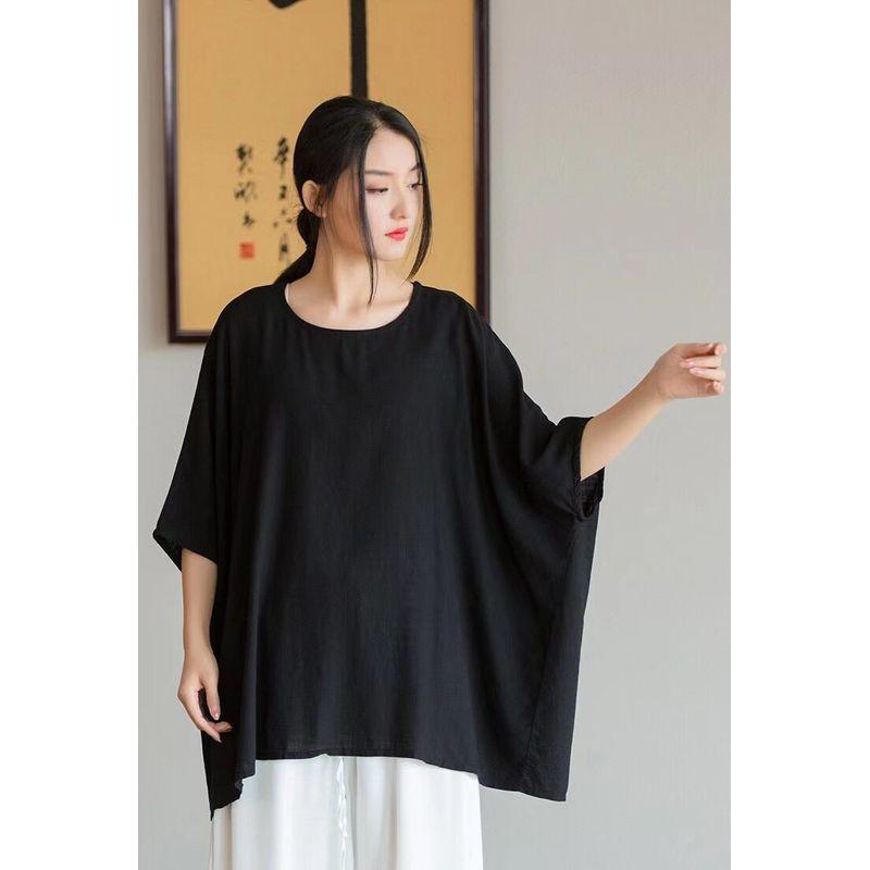 2024 Autumn and Winter New Product Loose Design Linen Lightweight Artistic Loose Batwing Sleeve Women s Sun Protection T-Shirt Black One size