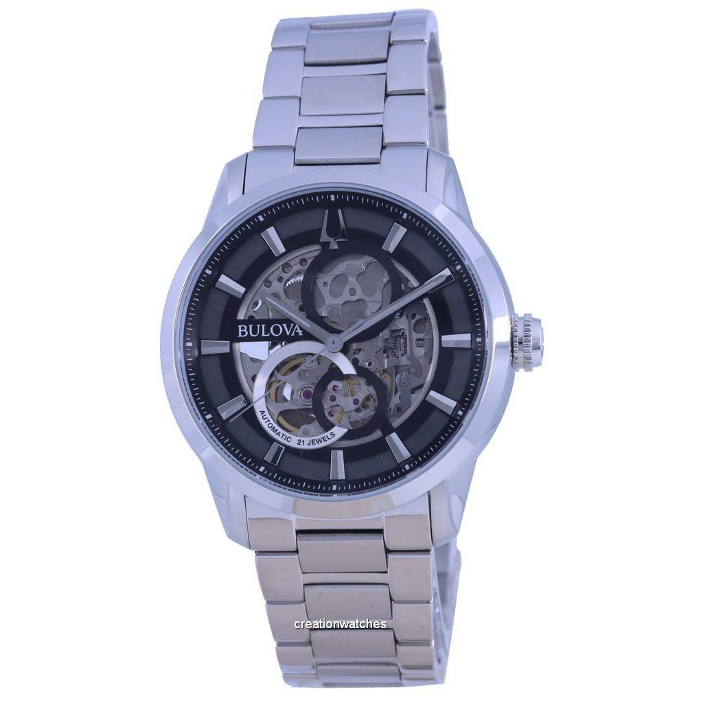 

Refurbished Bulova Classic Skeleton Black Dial Stainless Steel Automatic 96A208 Men s Watch чорний