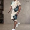 Men Plus Size Printed Round Neck Short Sleeve Top Drawstring Pocket Shorts Two Piece Set