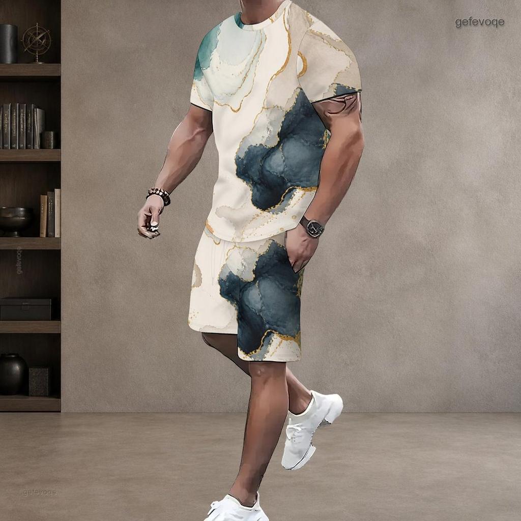 Men Plus Size Printed Round Neck Short Sleeve Top Drawstring Pocket Shorts Two Piece Set