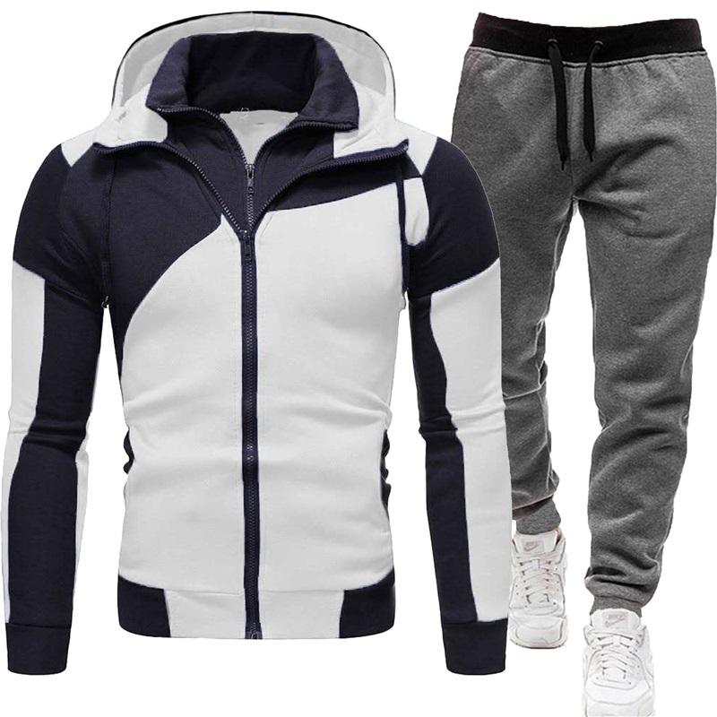 Men's Tracksuit 2Pcs Set Patchwork Color Hooded Jacket  Sweatpants Casual Sportswear Zipper Hoodie Jogger Pants For Men Daily Running Training