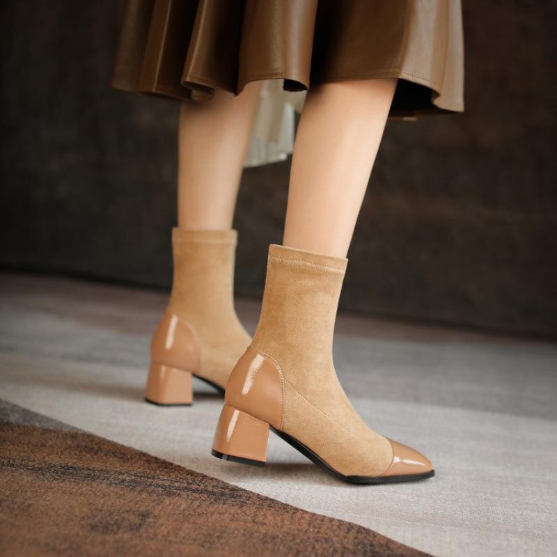 Autumn and winter Korean version suede women's Martin boots rubber sole medium boots women's medium heel large size leather boots square heel wo