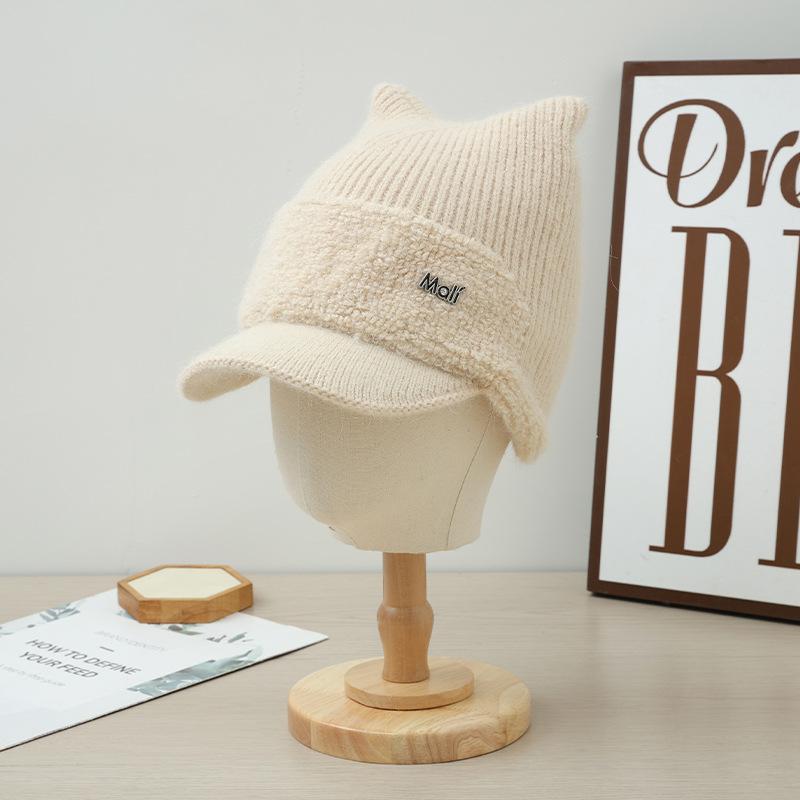 Winter Cat Ear Hat for Women with Plush Velvet Thickened Cold Proof Wool Hat Warm Ear Protection Knitted Casual Versatile Baseball Cap