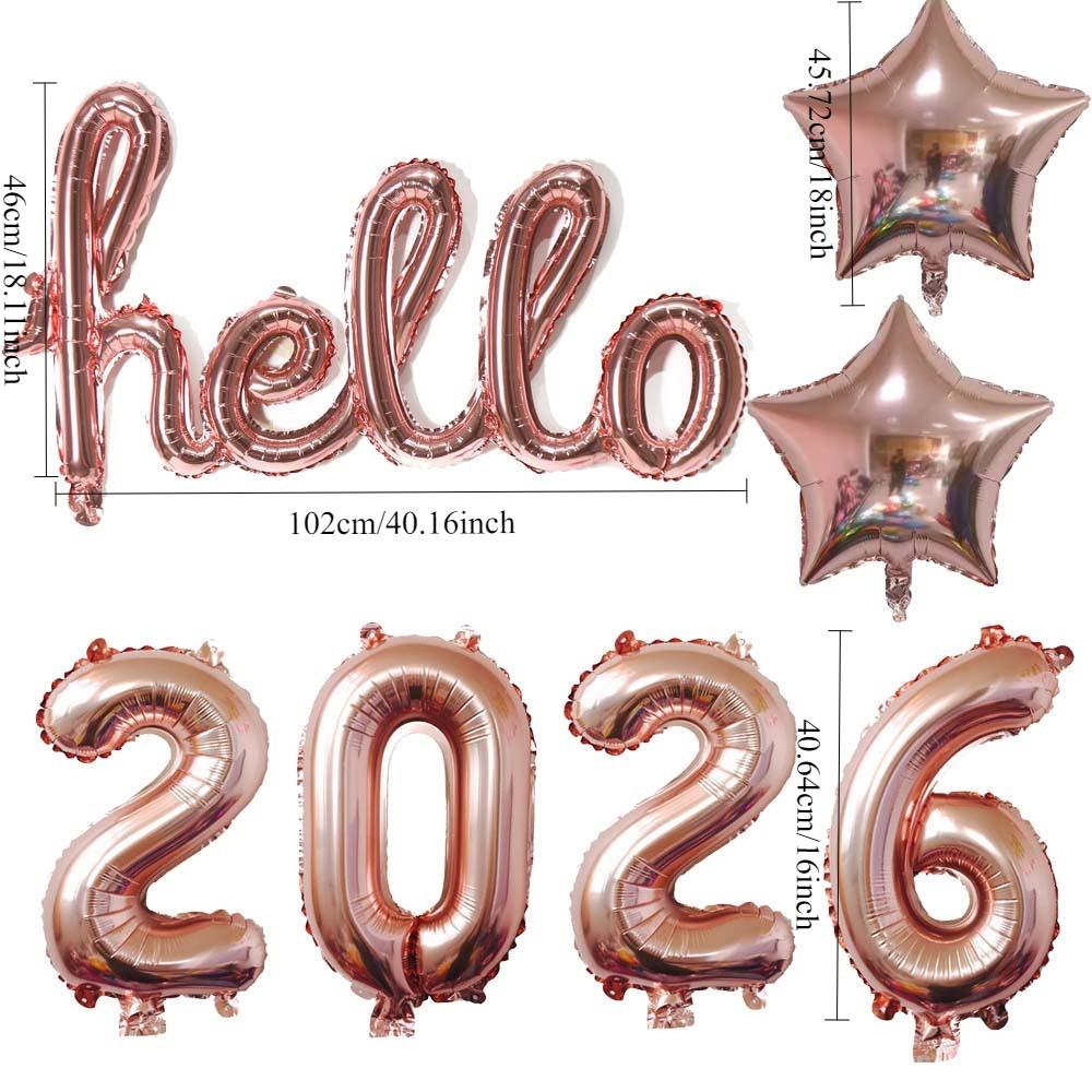 7pcs Hello 2026 New Year Aluminum Foil Balloon Set Rose Gold Conjoined Letters & Numbers for Party Decor Holiday Celebration
