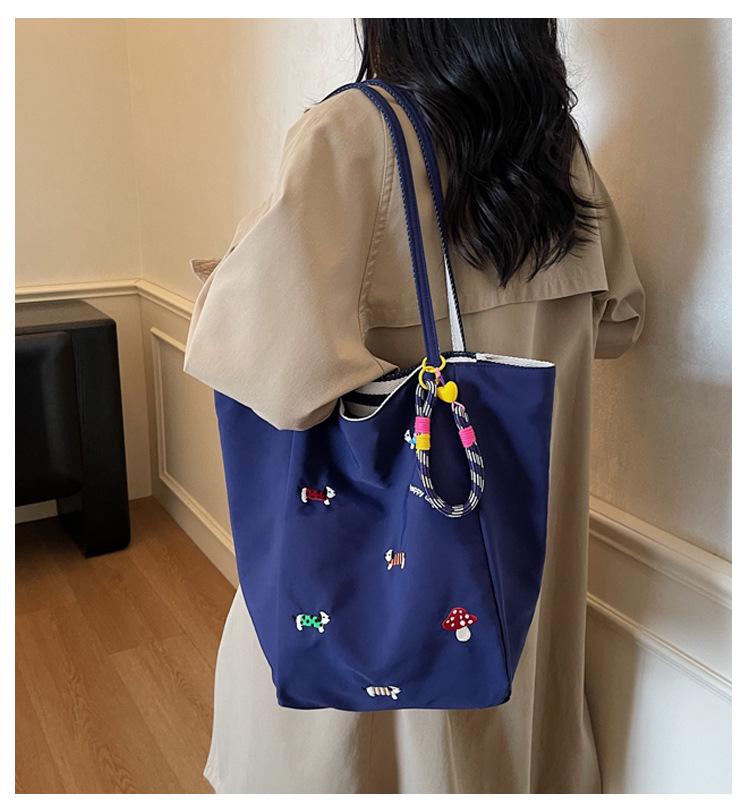 Women's Nylon Cartoon Puppy Embroidery Single Shoulder Tote Bag with Pendant, Striped Double-Sided Design