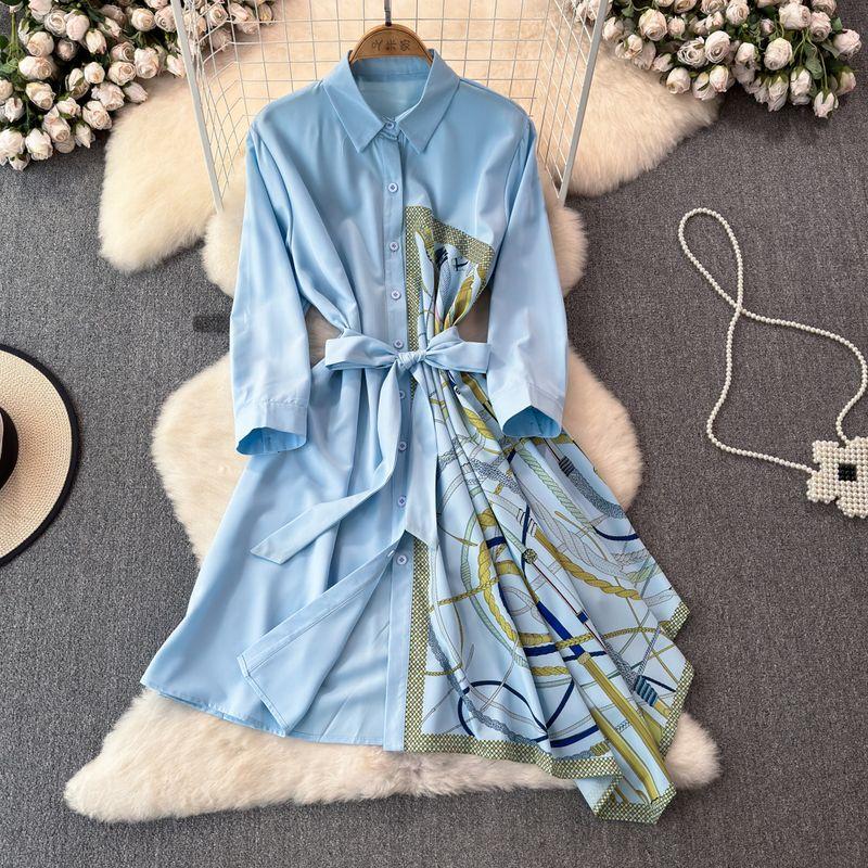 

Print Shirt Dress Women s Summer Chic Fashion Stylish Western Style Elegance Pleated Waist Tight Slimming Midi Dress Blue background Diamond All yards