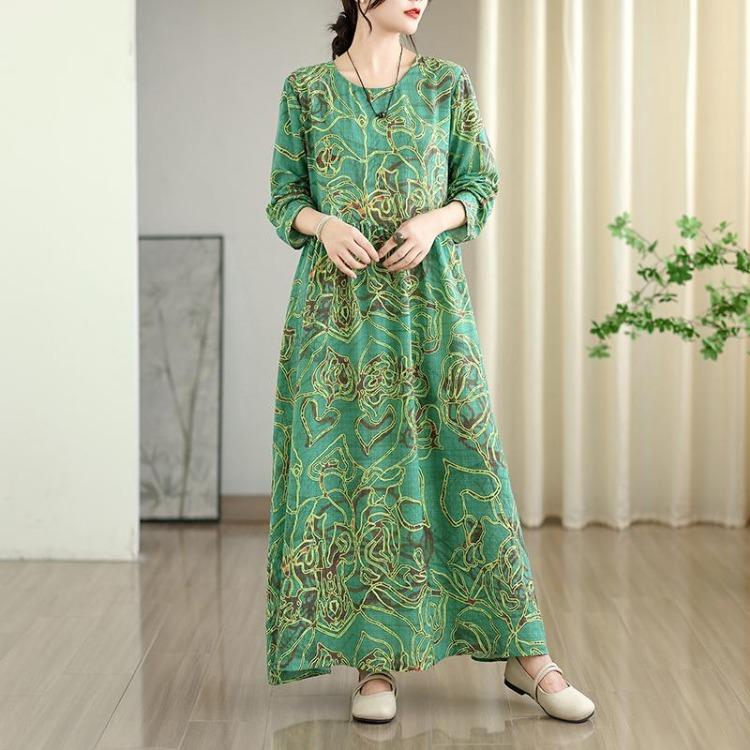New Vintage Floral Maxi Dress Women Plus Size Spring Long Sleeve Loose Oversize Basic Long Dress