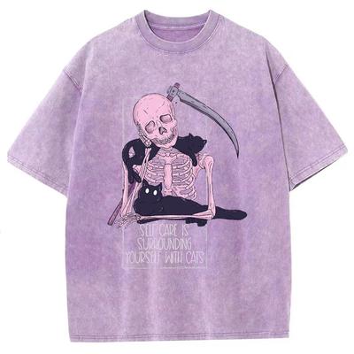 Sommer Neues Damen T-Shirt mit Totenkopf-Print Übergroß Kurzarm Gewaschener Denimstoff Unisex Oberteil Herren Streetwear