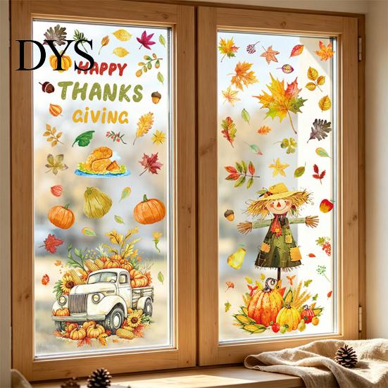 Holiday Party Supplies 4 Sheets Autumn Harvest Static Window Stickers, Maple Leaves Pumpkins Scarecrow Pickup Truck Reusable Glass Stickers