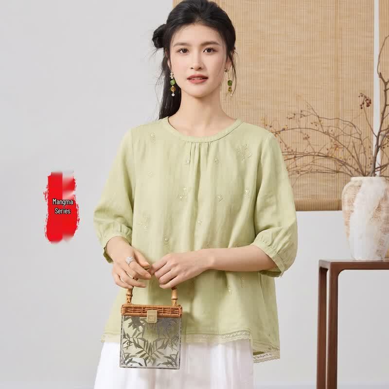 Women s Chinese Style Ramie Floral Print Short Sleeve Top F