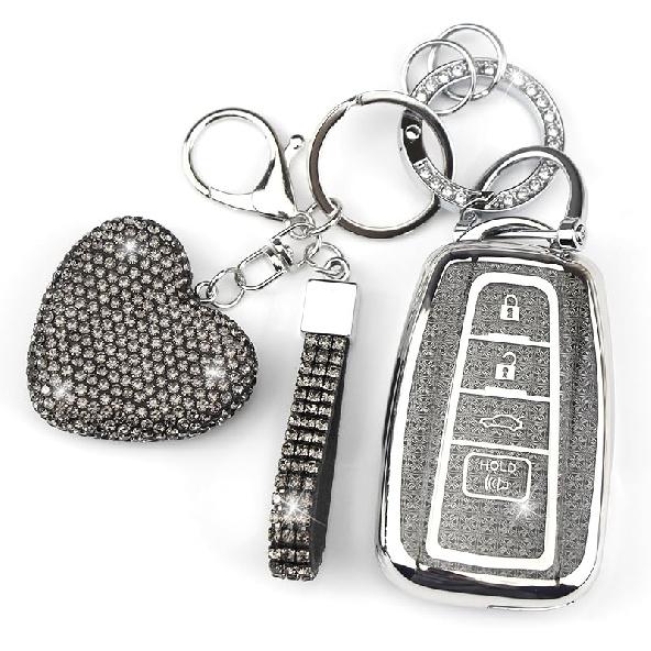 Key Fob Cover with Diamond Keychain Car Key Holder Compatible with Toyota 2018-2024 Highlander RAV4 Camry Avalon C-HR Corolla GT86 Smart Key