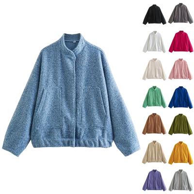 Women's Fashion Standing Collar Concealed Button Jacket Solid Color Casual Long Sleeve Top